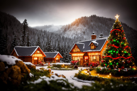 A rural house in Christmas night, beautiful winter nature in forest with Christmas tree with decorations and lights, festive background for the New Year holidayの素材