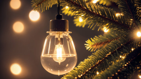 Christmas decorations and lights with a Christmas tree branches are a beautiful background for the New Year holidayの素材