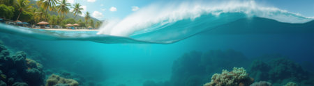 panorama of a beach resort and underwater world at the same time, dividing the image into upper and lower parts by a waveの素材
