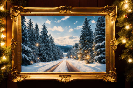 frame decorated with garland for New Year and Christmas holidays, with view of winter landscape inside, beautiful winter nature like a fairy taleの素材