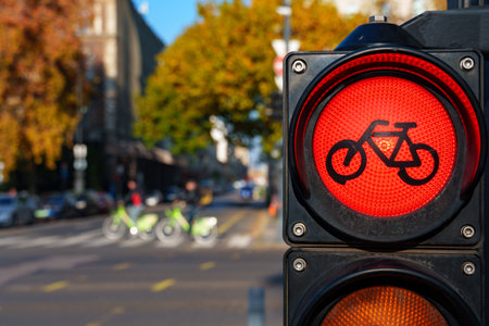 bicycle traffic lights and view of city street and road traffic, city life in Budapest, Hungaryの写真素材