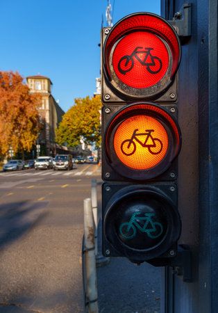 bicycle traffic lights and view of city street and road traffic, city life in Budapest, Hungary