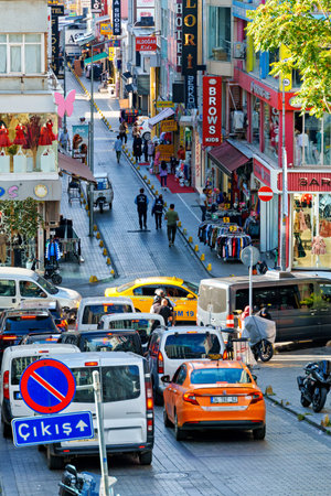 Istanbul, Turkey - October 10, 2024: city life and street view, urban architecture, shops and...