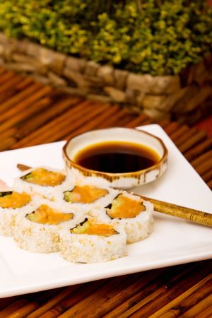 Plate of spicy tuna rollsの写真素材