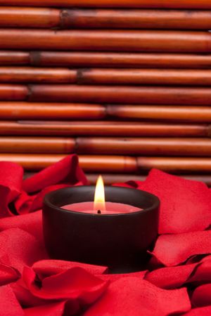 Candle surrounded with red rose petalsの写真素材