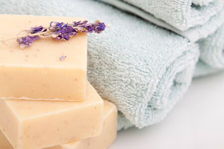 Bath towels and bar of soap