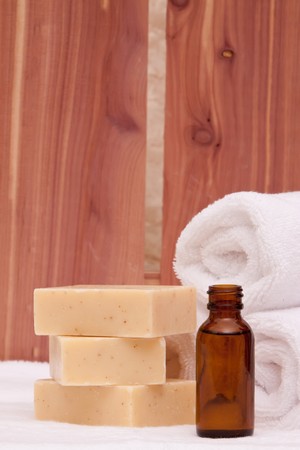 Spa towels, soap and essential oils