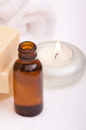 Aromatherapy oil, towels and soapの写真素材