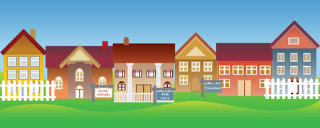 Houses for sale and foreclosure in a suburban neighborhoodのイラスト素材