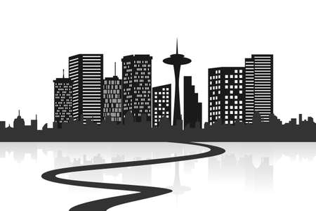 Big city skyline with a roadのイラスト素材