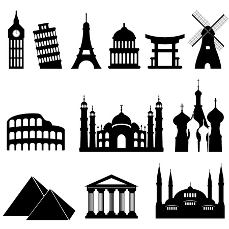 Travel famous landmarks and monuments in blackのイラスト素材