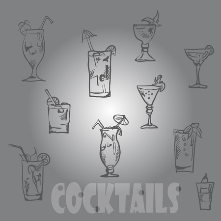 Vector set of cocktail glasses in the style of chalk on a blackboard. Hand draw.のイラスト素材