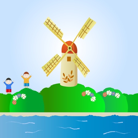 fantastic landscape with windmill and childrenのイラスト素材