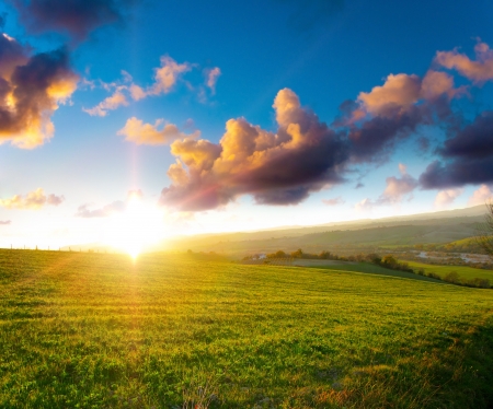 green meadow at sunsetの写真素材