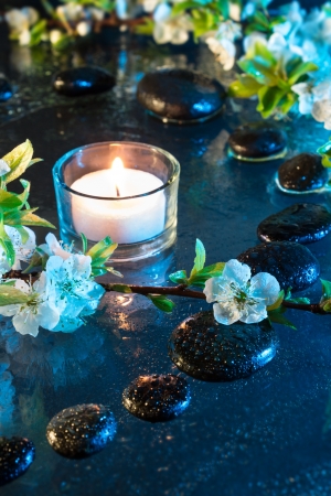 almond flowers with black stones and candleの写真素材