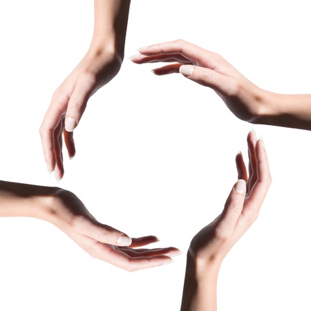 icon of recycle symbol made   8203;  8203;with hands of womanの写真素材