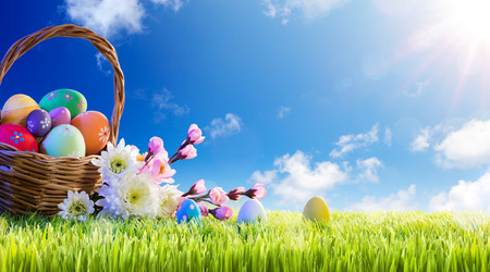 Basket of Easter Eggs With Flowers On Green Meadowの写真素材