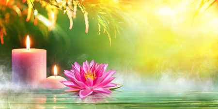 Spa - Serenity And Meditation With Candles And Waterlily In Zen Gardenの写真素材