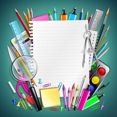 Notepad Sheet And Frame With School Suppliesのイラスト素材