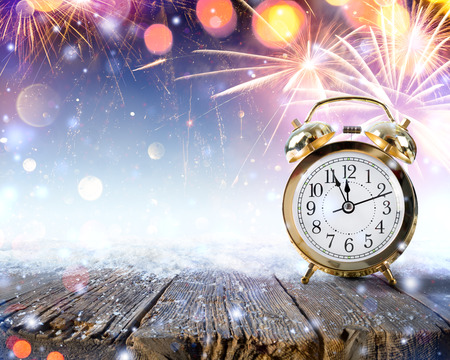 Midnight Celebration - Snowy Clock On Table With Fireworks