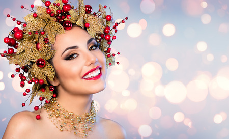 Christmas Woman - Fashion Model With Golden And Red Hairstyle And Makeupの写真素材