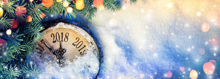 New Year 2018 - Celebration With Dial Clock On Snow And Vintage Light