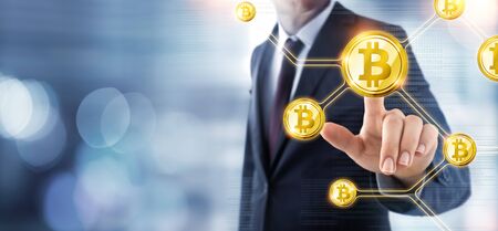 Bitcoin Concept - Businessman Push Cryptocurrency