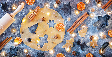 Gingerbread Preparation With Spice In Flat Lay Composition - Christmas Cookiesの写真素材