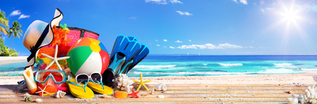 Summer Vacation - Accessories On Deck In Tropical Beachの写真素材