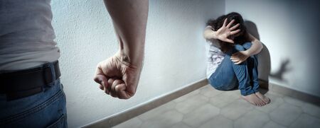 Domestic Violence Concept - Husband Beating His Wifeの写真素材