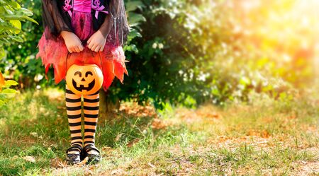 Little Girl With Candy Basket On Meadow - Halloween Trick Or Treat Conceptの写真素材