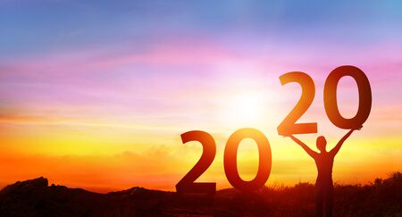 Happy new year 2020 - Happy Girl With Numbers At Sunriseの写真素材