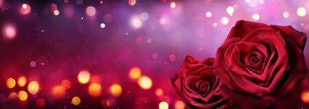 Couple Red Roses In Heart Shape With Lightsの写真素材
