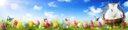 Easter Eggs And Adorable Bunny In Basket On Grassの写真素材