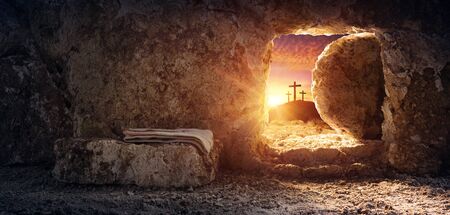 Tomb Empty With Shroud And Crucifixion At Sunrise Resurrection Of Jesus Christの写真素材