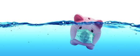 Abstract of Piggy bank Wearing A Protective Face Mask Drowning In Underwaterの写真素材