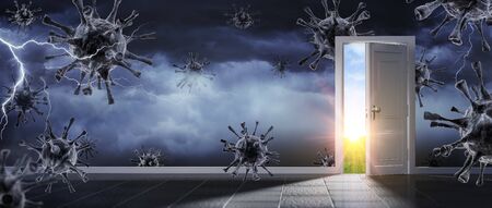 Open Door For Exit From Stormy Room With Coronavirusの写真素材