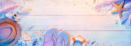 Summer Minimal Design With Beach Accessories - Teal And Orange Colors Gradientの写真素材
