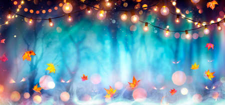 Abstract Party In Defocused Forest At Twilight - Halloween Background
