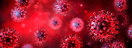 Covid-19 Or SARS-CoV-2 In Liquid - Coronavirus In Red Background - 3d Illustration