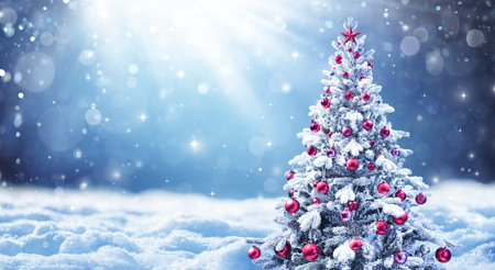 Snowy Christmas Tree With Red Balls In A Winter Landscapeの写真素材
