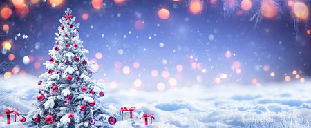 Snowy Christmas Tree With Red Ornament And Present Boxes In A Winter Landscapeの写真素材