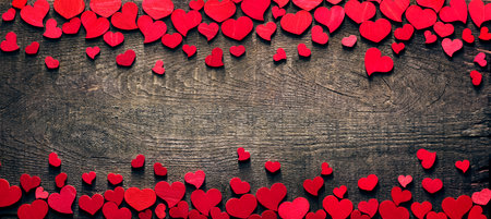 Valentine Card - Red Hearts On Wooden Tabの写真素材