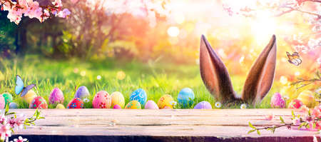 Abstract Defocused Easter Table - Ears Bunny Behind Grass And Decorated Eggs In Flowery Fieldの写真素材
