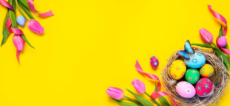 Easter - Colorful Eggs In Nest With Butterfly And Pink Tulips In Yellow Backgroundの写真素材