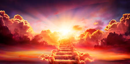 Stairway Leading Up To Sky At Sunrise - Resurrection And Entrance Of Heavenの写真素材