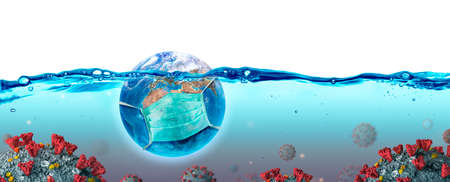 Earth With Protective Mask That Drowns In Infect Water - 3d renderingの写真素材