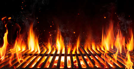 Barbecue Grill With Fire Flames - Empty Fire Grid On Black Backgroundの写真素材
