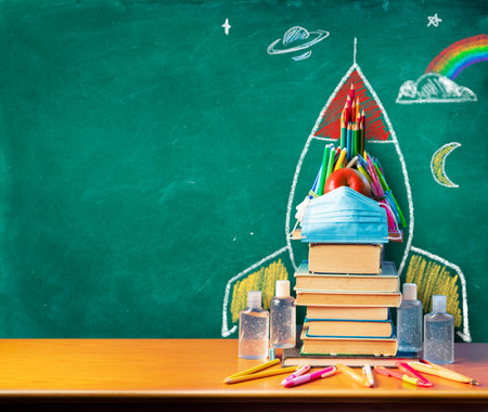 Back To School - Rocket Drawing With School Supplies And Covid-19 Protective Equipmentの写真素材