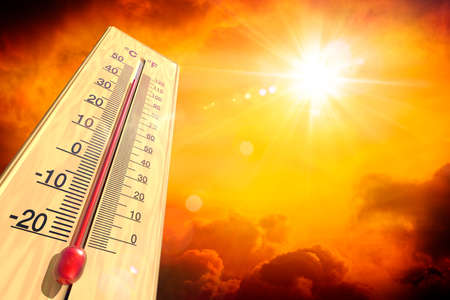 Heat Temperature - Thermometer And Warm Sun - Extreme Climate - contain 3d Renderingの写真素材